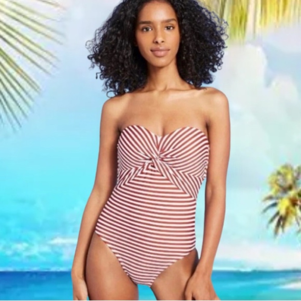 Kona Sol Red and White Striped Twist Bandeau One Piece Swimsuit Removable Straps